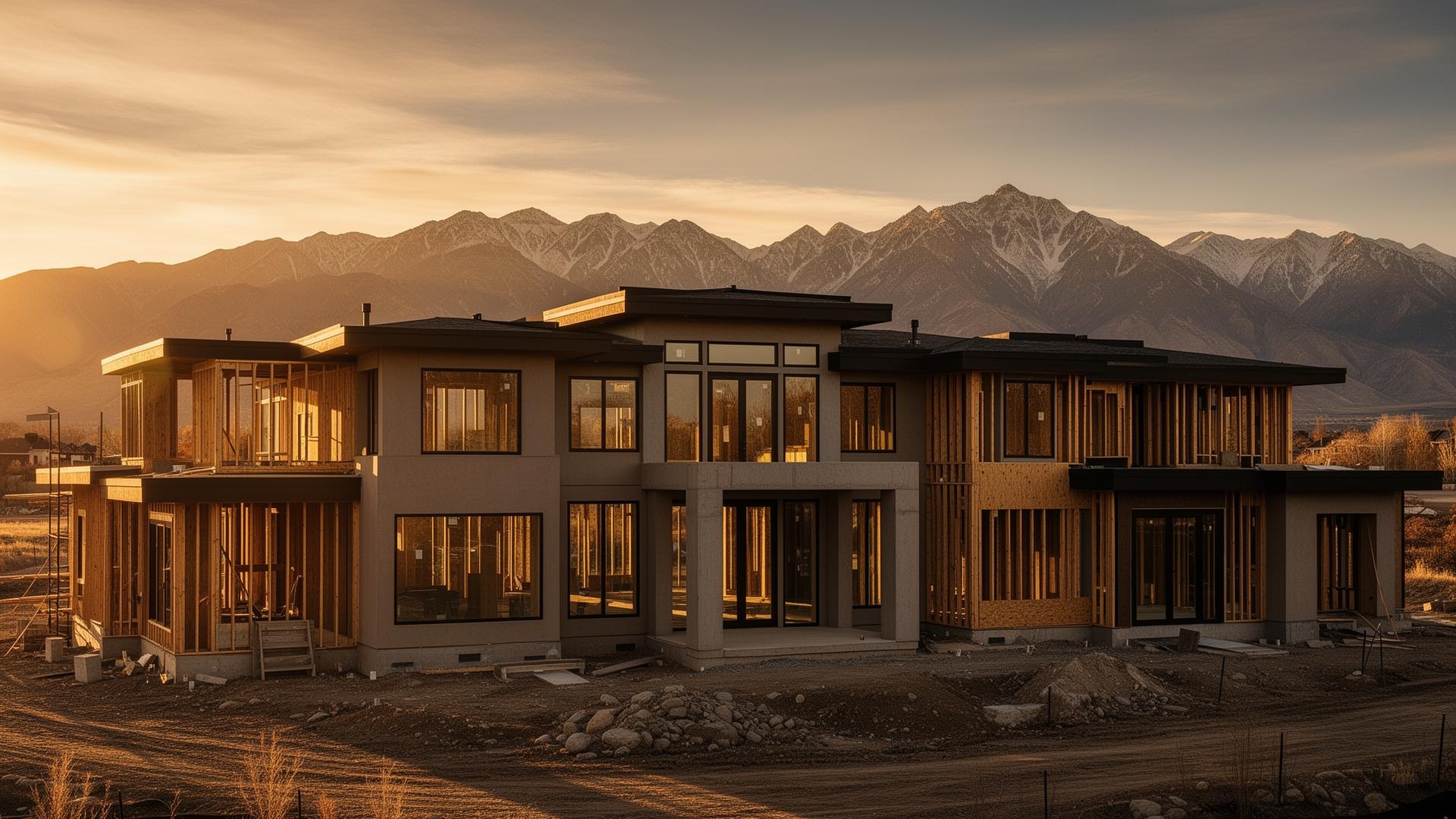 Custom home under construction at sunset with the mountains behind it
